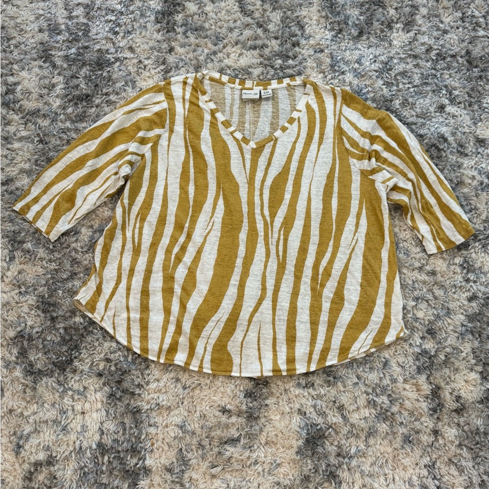 Rachel Zoe Shirt Womens 2X Yellow Animal Stripe 100%Linen BeachTee Coastal Light